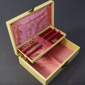 Vintage Jewelry Box Storage Organizer 2-Tiered White Leather Pink Velvet Satin